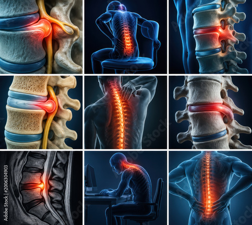 Herniated Disc and Chronic Back Pain Medical Collage with Spine Anatomy