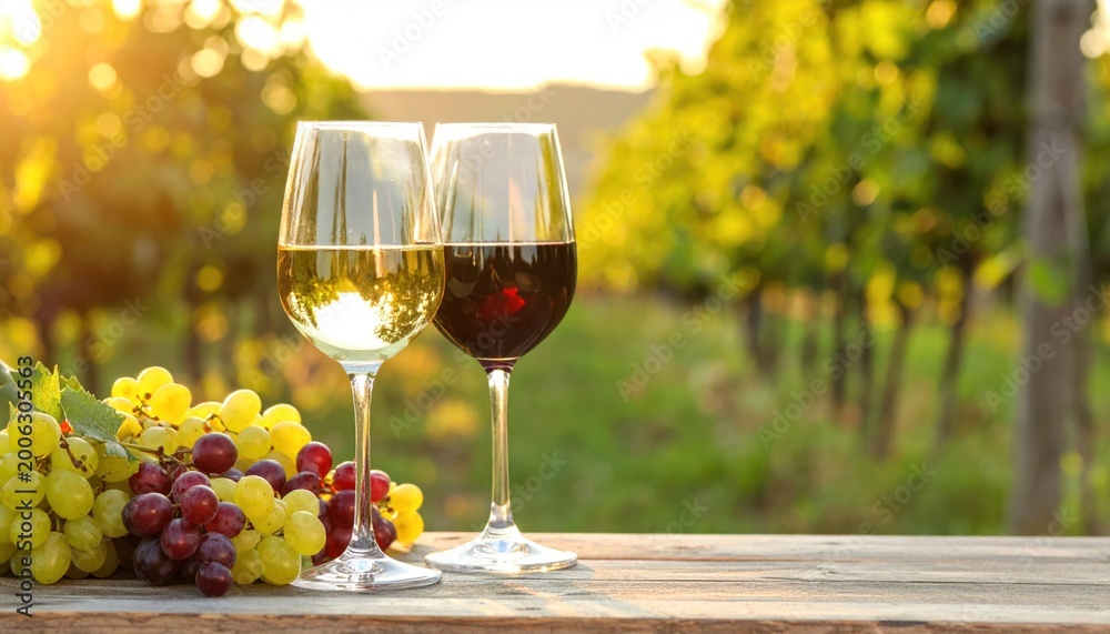Fototapeta premium Two wine glasses and grapes on a wooden table with vineyard background in soft sunlight