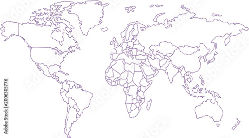 Outline World Map Vector, Global Continents, Political Borders, Simple Geography, International Travel