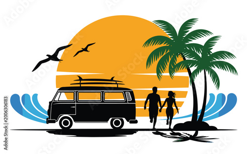 Photography Palm beach van surf silhouette vector illustration, tropical summer travel vehic