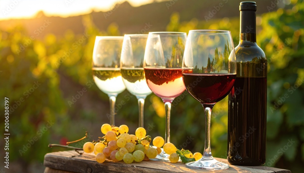 Fototapeta premium Four wine glasses with varied colors, a bottle, and grapes displayed outdoors in a sunlit vineyard setting