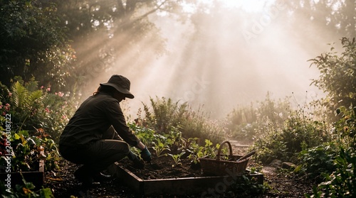 Man working in a lush garden.