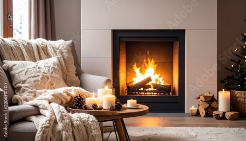 Cozy living room with a lit fireplace, candles on a coffee table, and a comfy couch with pillows