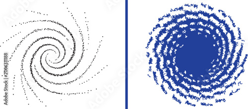 Foto Two abstract spiral galaxy patterns in black and blue vector styles