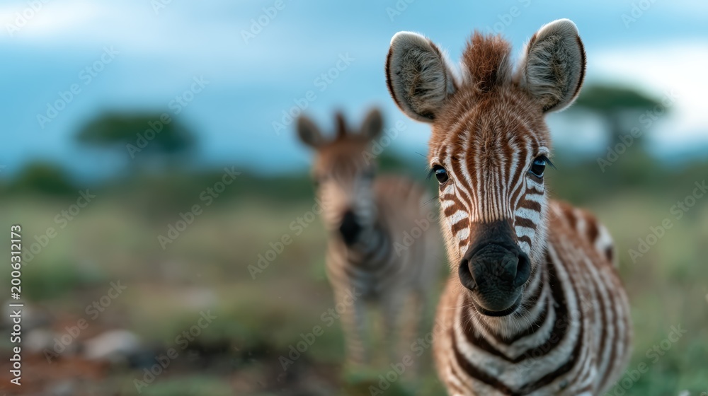 Naklejka premium A close-up shot of a young zebra foal that showcases its striking stripes and innocence, embodying nature's beauty, wildlife, and the importance of conservation.