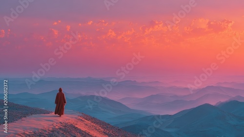 A solitary figure in a robe stands on a path overlooking breathtaking undulating mountains at sunset, representing introspection and the search for meaning in life.