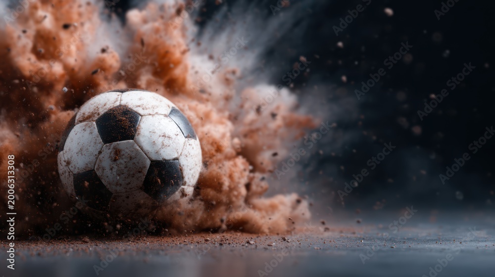 Naklejka premium A soccer ball erupts with dust in a captivating motion shot, depicting the intensity and excitement of the game, perfect for sports enthusiasts and athletes.