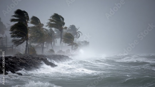 Powerful storm with crashing waves, windswept trees, and heavy spray along a rocky shore