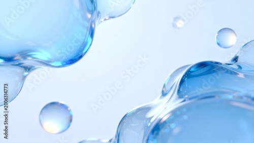 Blue liquid bubbles and droplets