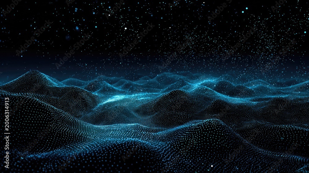 Naklejka premium Abstract blue digital terrain with sparkling particles against dark starry sky