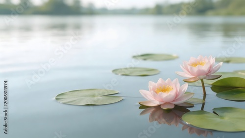 Pink water lilies on a calm lake