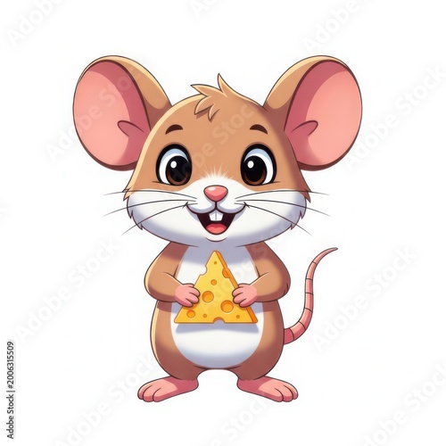 Cute cartoon brown mouse holding a piece of yellow cheese
