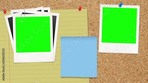 Retro Photo Frames With Green Screen And Sticky Notes On Cork Background