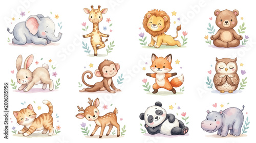 Photography Cute baby animals watercolor set with forest and safari characters, soft pastel style for nursery design, greeting cards and kids decor