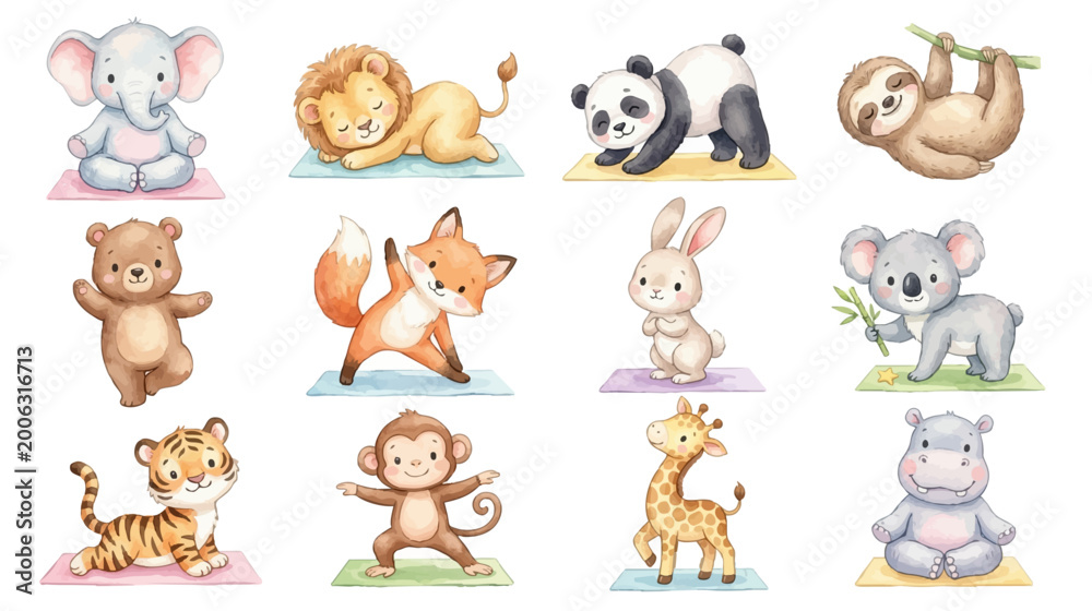 Fototapeta premium Cute baby animals doing yoga poses, watercolor set with jungle and forest characters in soft pastel style for nursery and kids design. Collection of Vector illustrations for invitation, card, poster