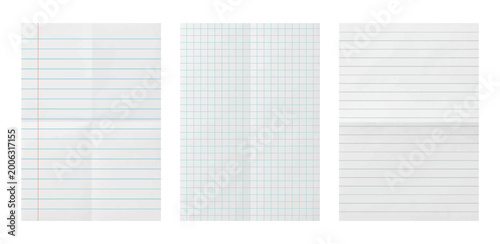 Obraz na plátně Lined and grid checkered notebook paper texture set, folded blank school sheet c