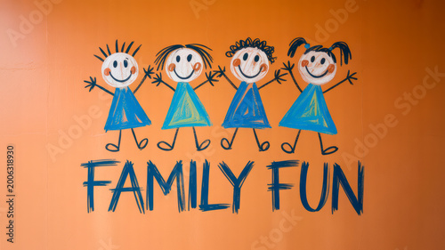 Colorful hand drawn stick figure children holding hands with the text family fun written in blue marker on an orange wall during a happy day