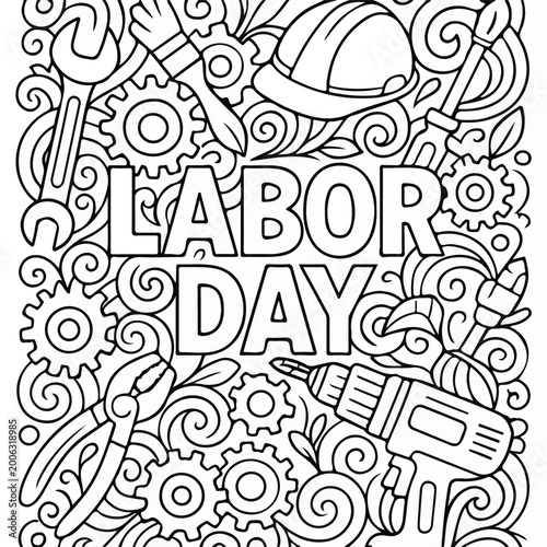 Creative labor day coloring page featuring detailed line art illustration of construction tools and gears for festive holiday celebration themes