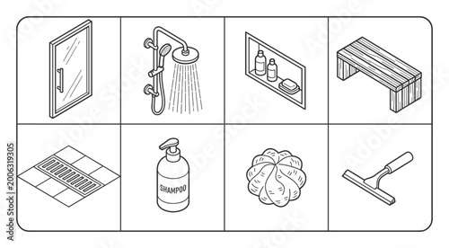 Isometric Line Art Icons for Bathroom Fixtures and Accessories Collection
