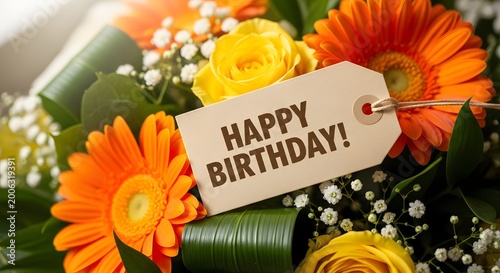 Happy birthday flowers vibrant orange and yellow bouquet with a 'happy birthday ' tag celebration wishes