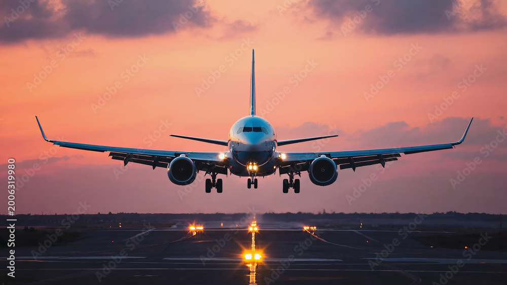 Fototapeta premium a passenger airplane landing on a runway at sunset