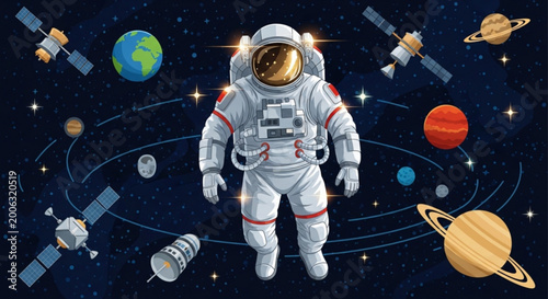 Tablou pe pânză Astronaut in space suit floats among satellites planets and stars in deep black