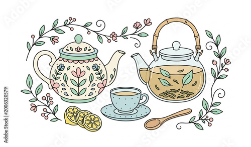 Tableau sur toile Cute retro tea set vector illustration with decorative teapot and glass kettle i