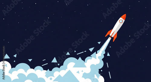 Photos Rocket ship blasting off into starry night sky with clouds and triangles
