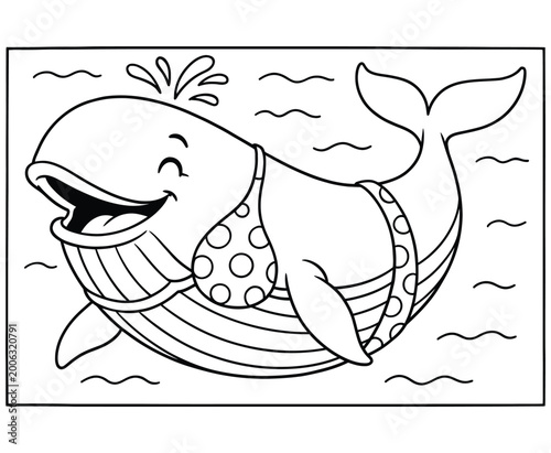 Photos Cute cartoon whale in bikini with polka dots swimming and spouting water