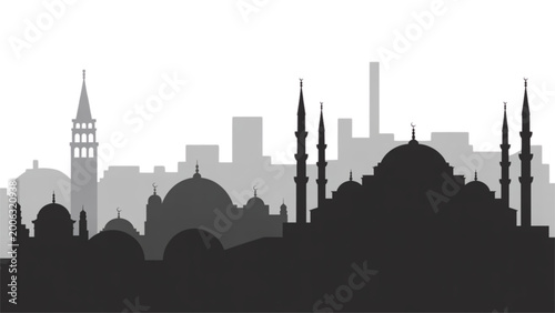Konstfotografi Silhouette of tall city skyscrapers with trees in front during sunset or sunrise
