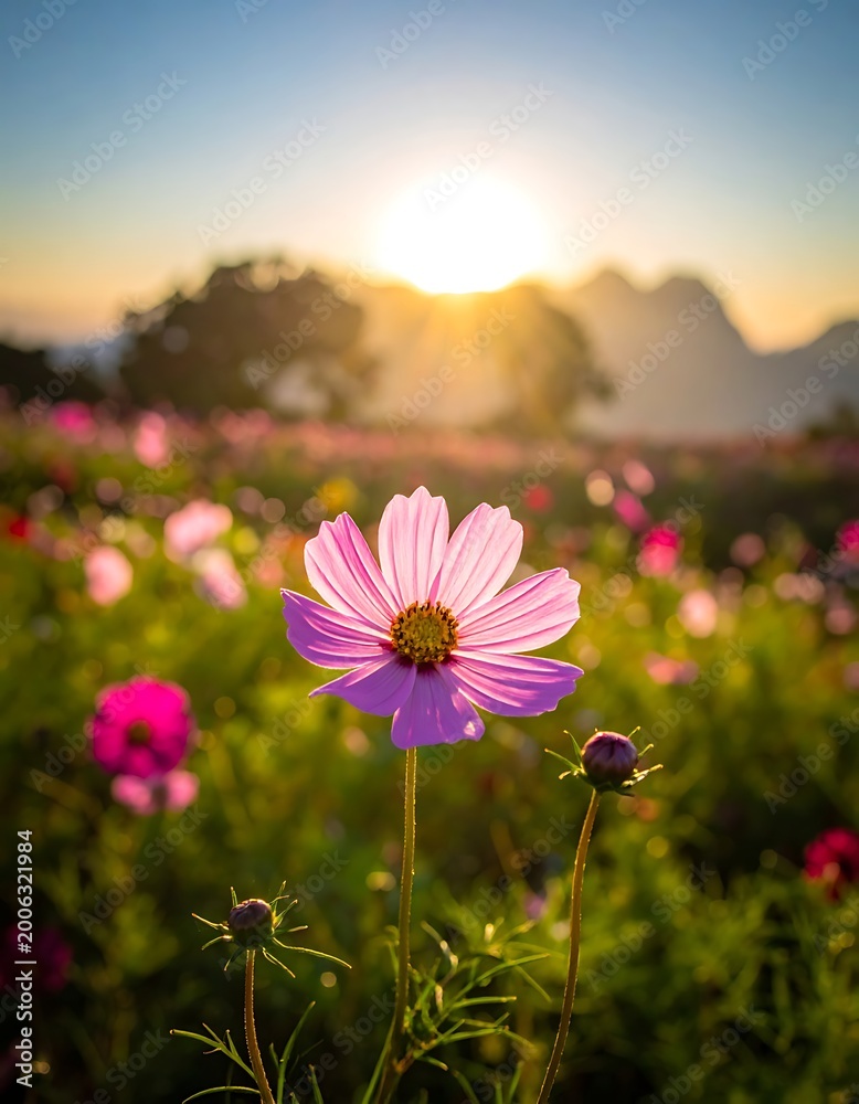 Fototapeta premium Vibrant flower in a colorful field at sunset