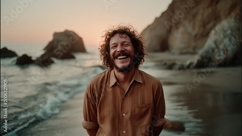 A joyful man stands by the beach, laughing under a beautiful sunset, perfectly capturing the essence of happiness and freedom in a stunning natural setting.