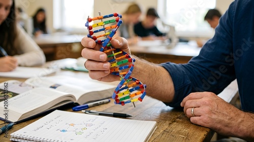 Professor holding a colorful DNA model in a classroom setting.