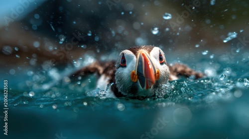 A puffin swimming through sparkling water droplets, showcasing the beauty of wildlife and the vibrant colors of this charming bird in a natural aquatic habitat.
