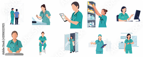 Collection of medical nurse and doctor characters in teal scrubs working in various hospital scenes, flat vector illustration set