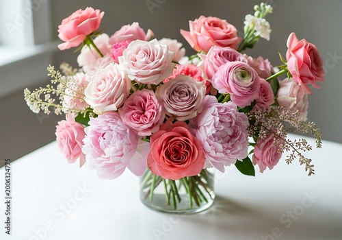 Elegant bouquet of pink roses and peonies in a glass vase
