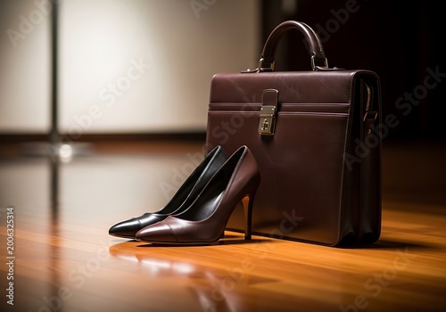 Elegant leather briefcase and high heels on wooden floor in studio setting