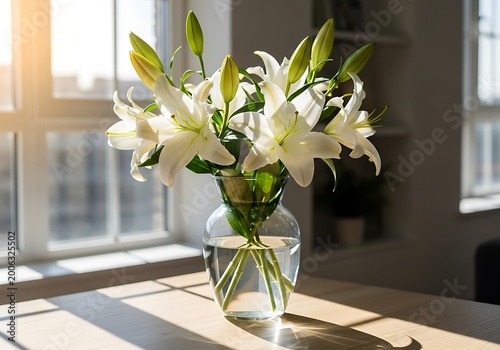 Elegant white lilies in a glass vase on a wooden table sunlight