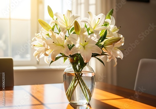 Elegant white lily bouquet in a glass vase on wooden table with sunlight