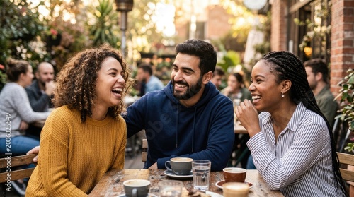 Three smiling people are laughing and talking together at an outdoor cafe table. A man and a woman are seated close together, while another woman sits slightly behind them.