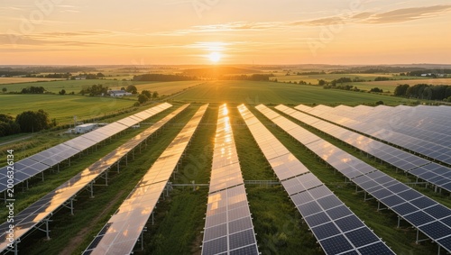 rows of photovoltaic panels at sunset
