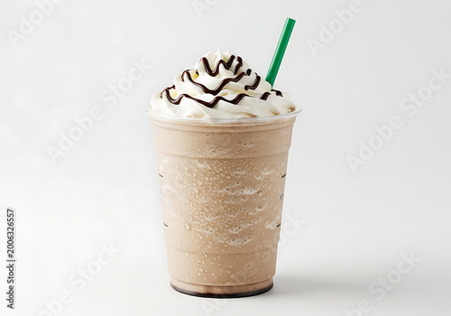 Iced coffee drink with whipped cream and chocolate drizzle on transparent background