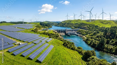 A wide-angle aerial shot captures a sprawling renewable energy facility nestled in a picturesque landscape.