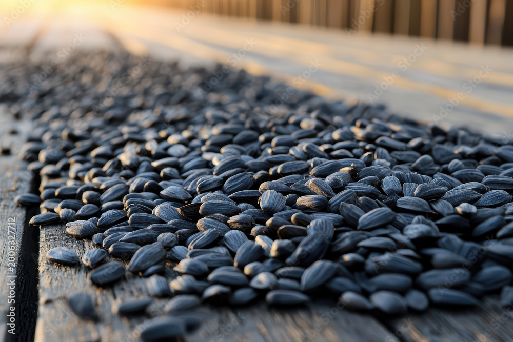 Obraz premium Sunflower seeds scattered on wooden surface, creating natural and rustic atmosphere. warm sunlight enhances texture and color