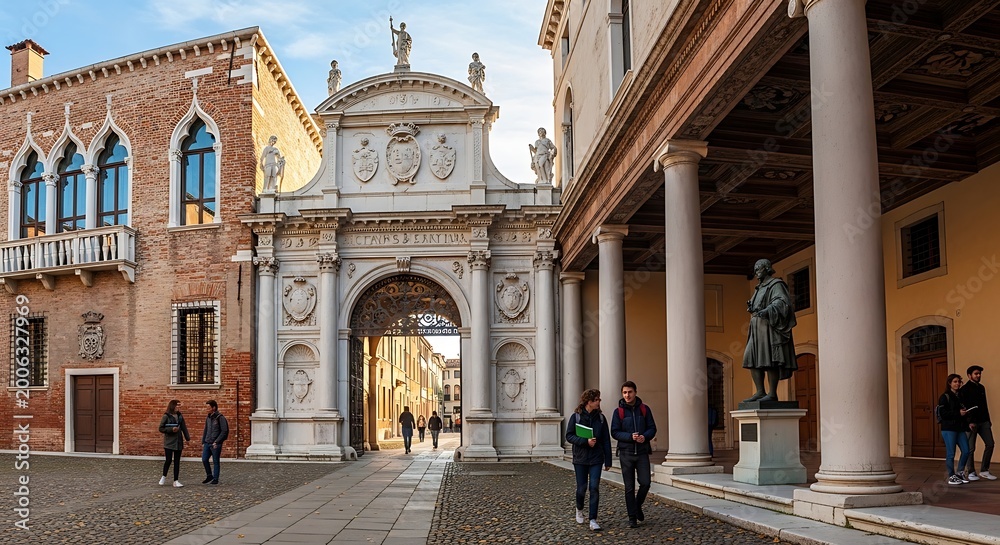 Obraz premium Historical architecture with arched entrance and classical columns on a sunny day