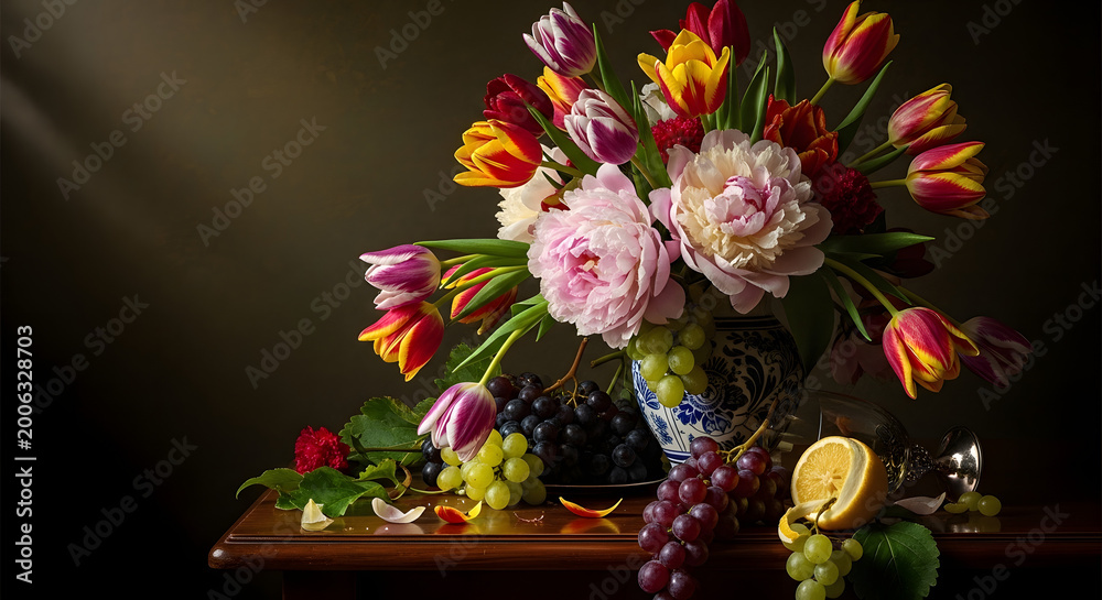 Fototapeta premium Vibrant floral still life with colorful tulips and peonies, fresh grapes, and citrus fruit. Elegantly lit arrangement on a dark, classic background