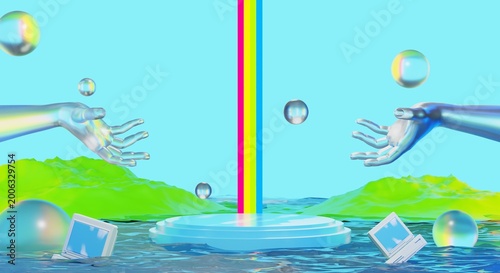 retro-future y2k 2000s frutiger aero aqua web 2.0 gloss with stage podium for product display showcase, 3d illustration rendering abstract background, technology and nature environment concept