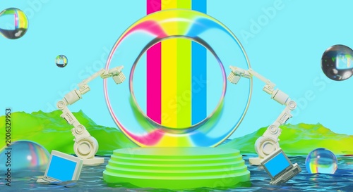 retro-future y2k 2000s frutiger aero aqua web 2.0 gloss with stage podium for product display showcase, 3d illustration rendering abstract background, technology and nature environment concept
