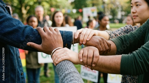 A diverse group of people hold hands in a tight circle, demonstrating solidarity and unity. Several individuals are wearing denim jackets and sweaters.