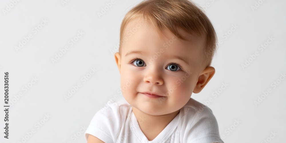Naklejka premium Adorable baby girl with fair skin and blue eyes smiling gently on a plain background